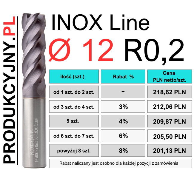 Frez z promieniem naroża fi 12 R0,2 INOX LINE